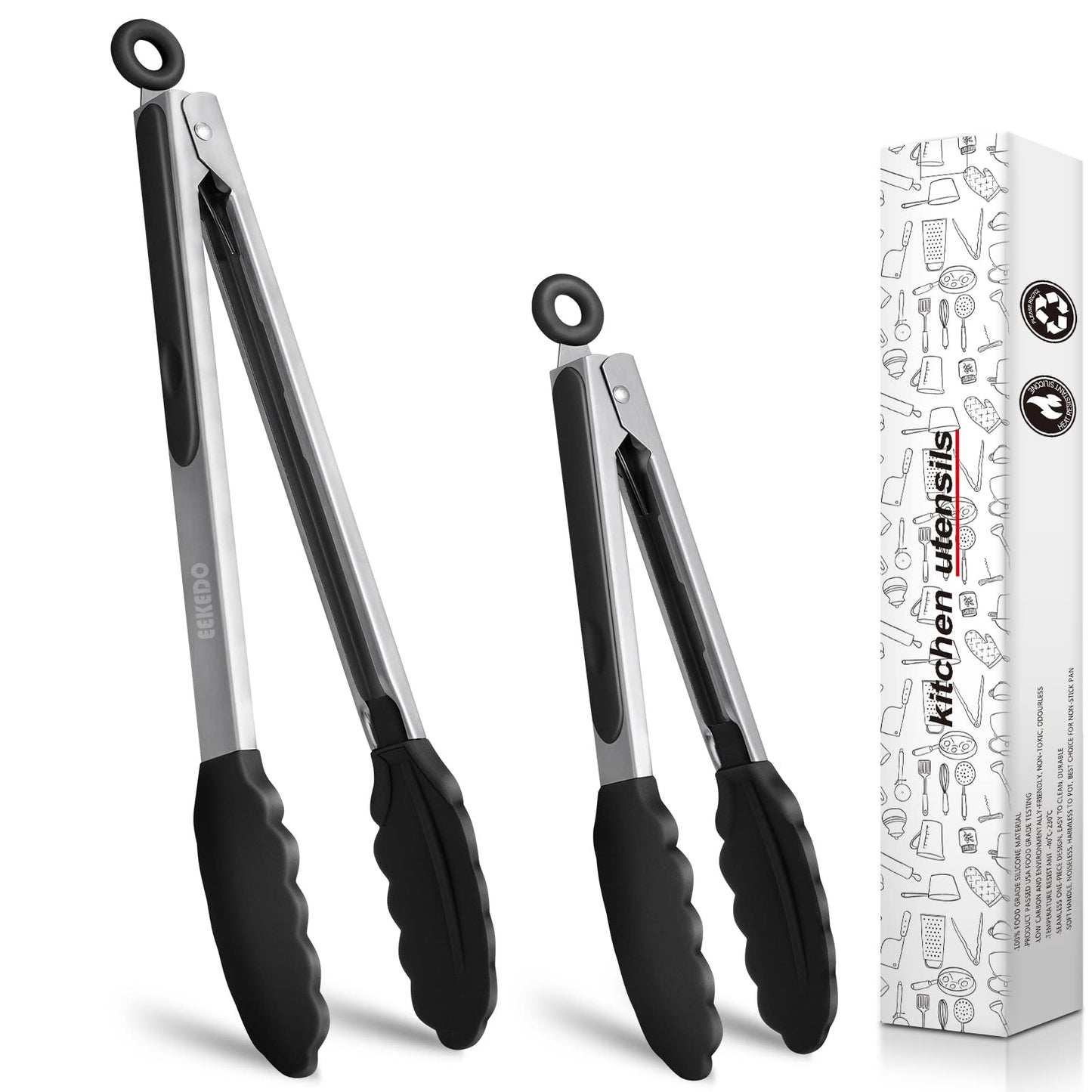 EEKEDO Kitchen Tongs, Stainless Steel Silicone Tongs for Cooking 600ºF High Heat-Resistant BBQ Grilling Locking Tongs, Set of 2-9" and 12" - CookCave