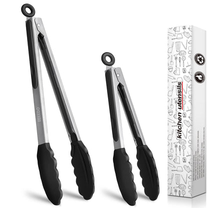 EEKEDO Kitchen Tongs, Stainless Steel Silicone Tongs for Cooking 600ºF High Heat-Resistant BBQ Grilling Locking Tongs, Set of 2-9" and 12" - CookCave