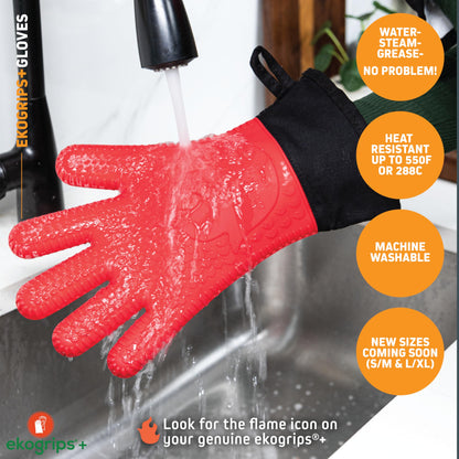 Ekogrips Plus Oven Gloves with Fingers, Comfy Waterproof Silicone Oven Mitts Heat Resistant with Long Cuff, Insulated BBQ Gloves Perfect for Grilling, Baking, Smoker, Canning, and Pizza, Black, OSFM - CookCave
