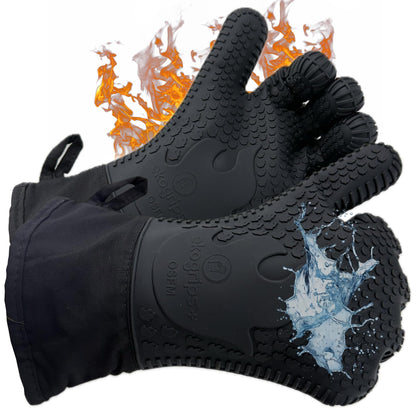 Ekogrips Plus Oven Gloves with Fingers, Comfy Waterproof Silicone Oven Mitts Heat Resistant with Long Cuff, Insulated BBQ Gloves Perfect for Grilling, Baking, Smoker, Canning, and Pizza, Black, OSFM - CookCave