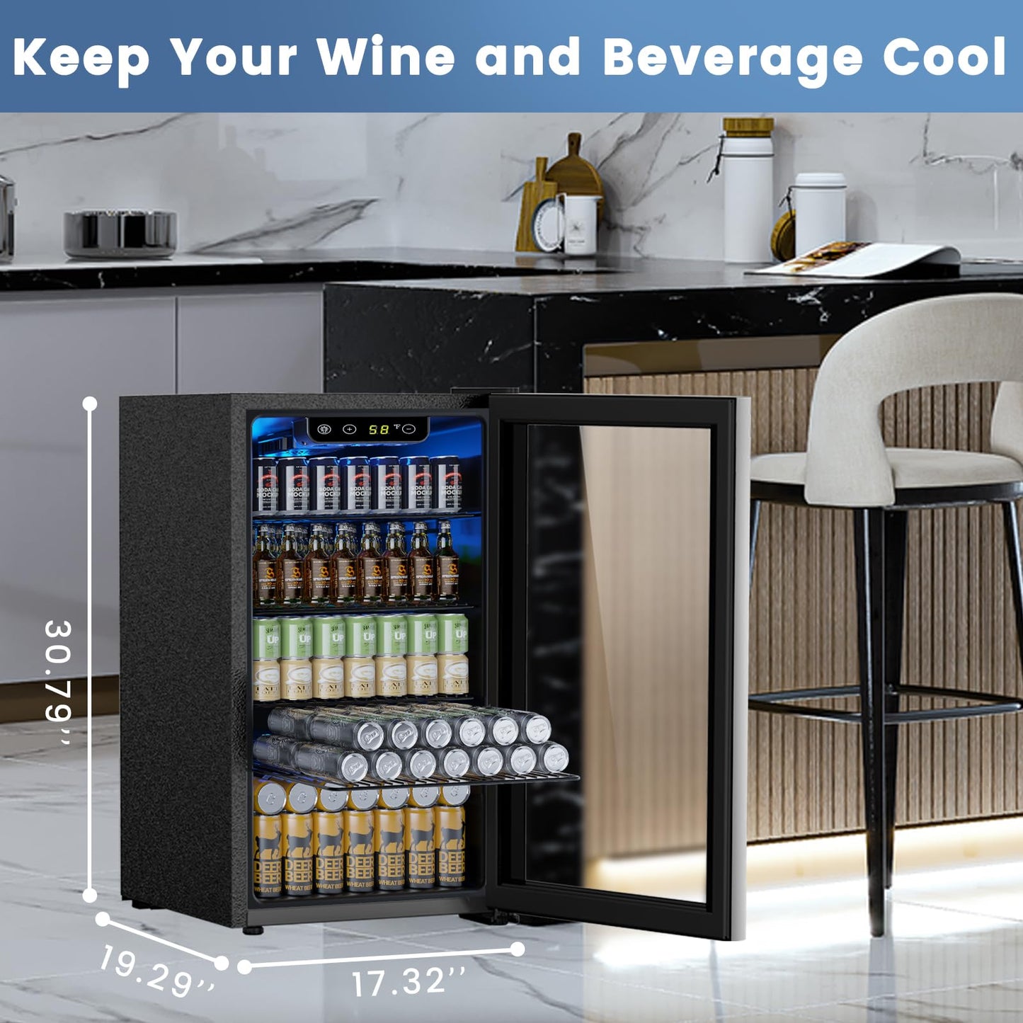 Electactic Mini Fridge 130 Can Beverage Refrigerator Cooler, 3.2 Cu.Ft Drink Fridge for Soda Wine Beer, Adjustable Temperature Control for Home Office, Black - CookCave
