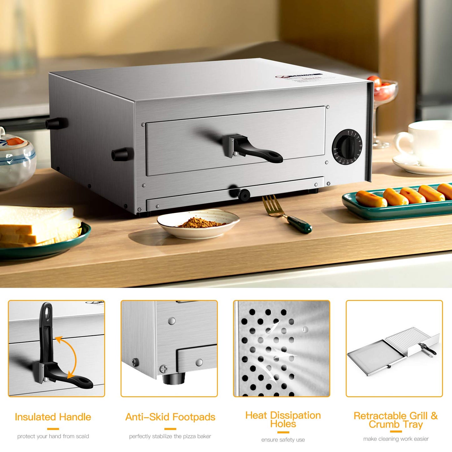 Electric Pizza Oven, Stainless Steel Pizza Baker With Auto Shut-off, Handle, Removable Pizza Tray, Countertop Pizza Maker For Kitchen & Commercial Use - CookCave