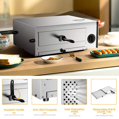 Electric Pizza Oven, Stainless Steel Pizza Baker With Auto Shut-off, Handle, Removable Pizza Tray, Countertop Pizza Maker For Kitchen & Commercial Use - CookCave