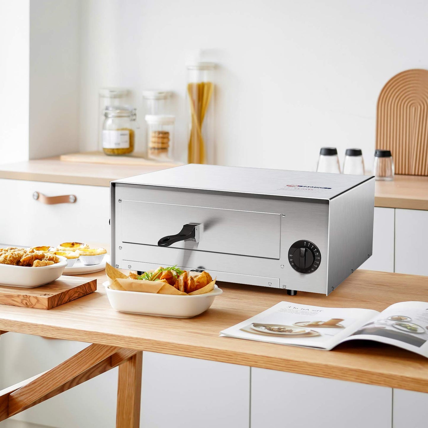 Electric Pizza Oven, Stainless Steel Pizza Baker With Auto Shut-off, Handle, Removable Pizza Tray, Countertop Pizza Maker For Kitchen & Commercial Use - CookCave