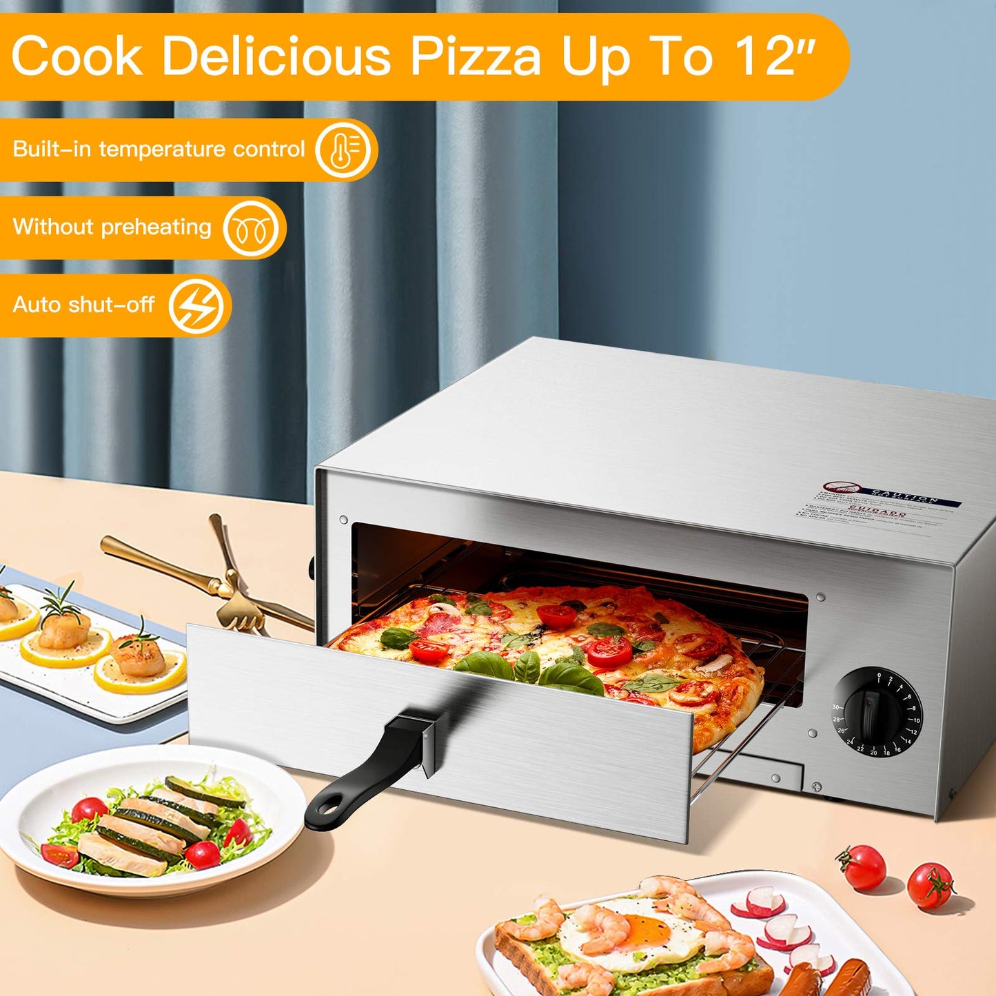 Electric Pizza Oven, Stainless Steel Pizza Baker With Auto Shut-off, Handle, Removable Pizza Tray, Countertop Pizza Maker For Kitchen & Commercial Use - CookCave