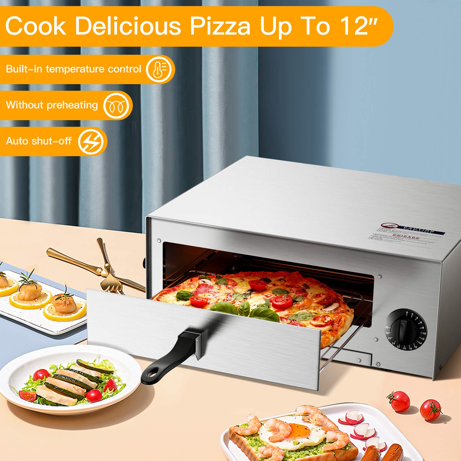 Electric Pizza Oven, Stainless Steel Pizza Baker With Auto Shut-off, Handle, Removable Pizza Tray, Countertop Pizza Maker For Kitchen & Commercial Use - CookCave