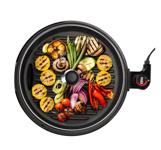 Elite Gourmet EMG6505G 12" Smokeless Indoor Electric BBQ Grill with Glass Lid Dishwasher Safe, Nonstick, Adjustable Temperature, Fast Heat Up, Low-Fat Meals Easy to Clean Design - CookCave