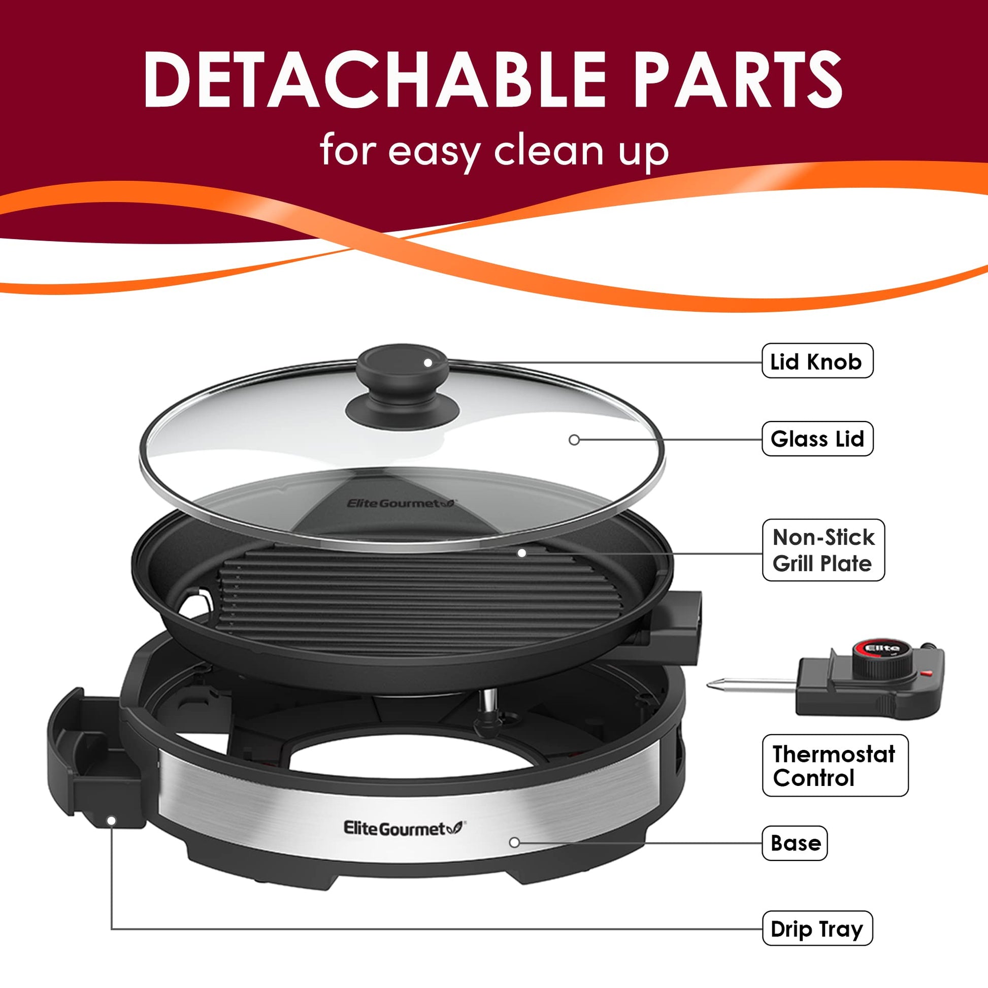 Elite Gourmet EMG6505G 12" Smokeless Indoor Electric BBQ Grill with Glass Lid Dishwasher Safe, Nonstick, Adjustable Temperature, Fast Heat Up, Low-Fat Meals Easy to Clean Design - CookCave