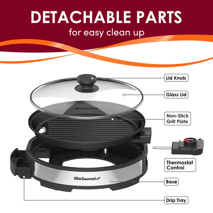 Elite Gourmet EMG6505G 12" Smokeless Indoor Electric BBQ Grill with Glass Lid Dishwasher Safe, Nonstick, Adjustable Temperature, Fast Heat Up, Low-Fat Meals Easy to Clean Design - CookCave