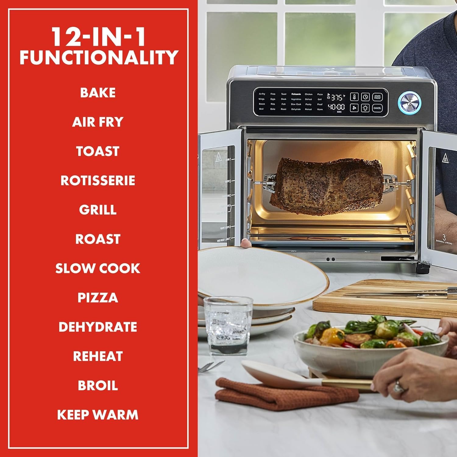 Emeril Lagasse Extra Large French Door Air Fryer Toaster Oven Combo, 24 Cooking Functions and Digital Controls, 7 Accessories Included, Stainless Steel Finish, 26QT Capacity - CookCave