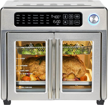 Emeril Lagasse Extra Large French Door Air Fryer Toaster Oven Combo, 24 Cooking Functions and Digital Controls, 7 Accessories Included, Stainless Steel Finish, 26QT Capacity - CookCave
