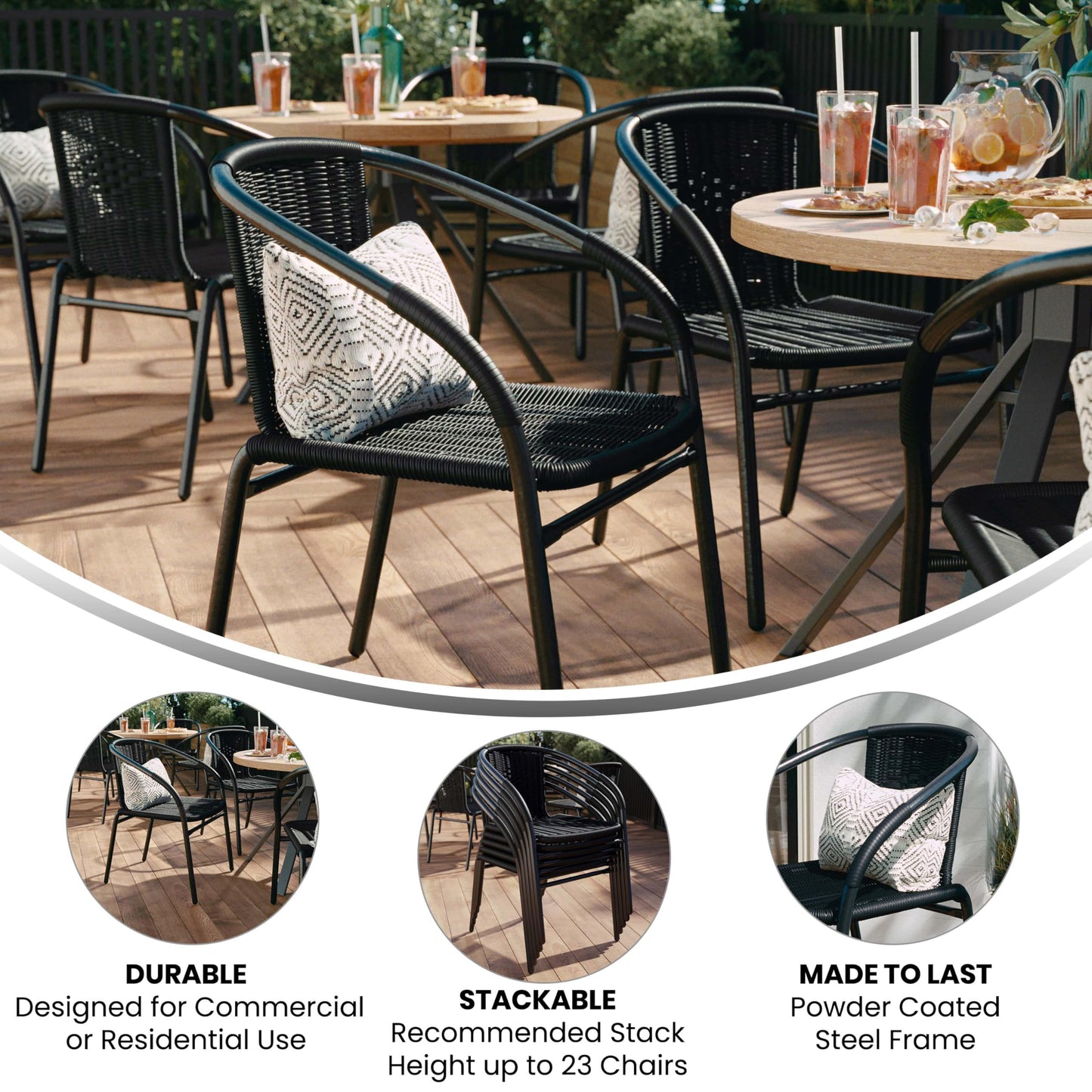 EMMA + OLIVER 2 Pack Black Rattan Indoor-Outdoor Restaurant Stack Chair with Curved Back - CookCave