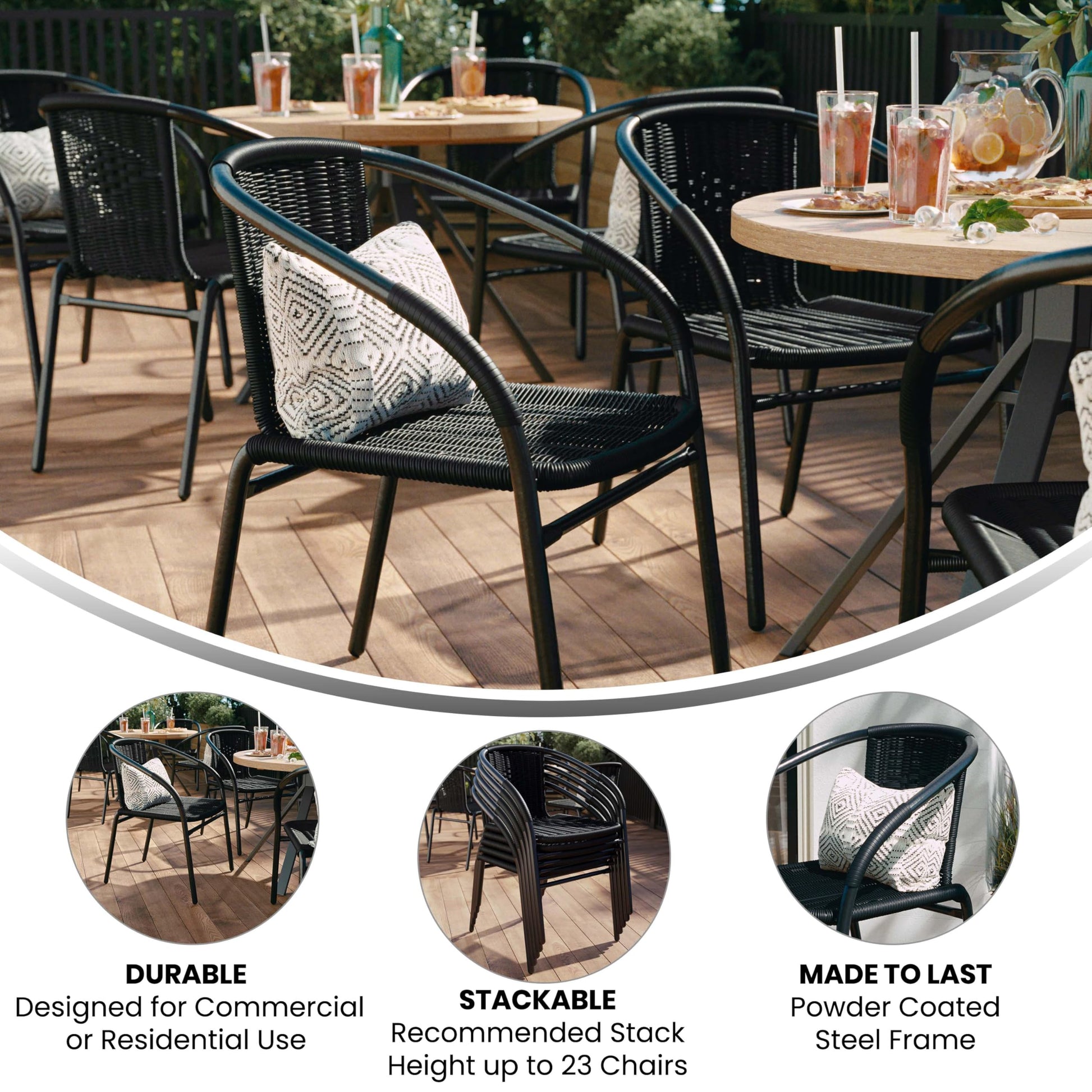 EMMA + OLIVER 2 Pack Black Rattan Indoor-Outdoor Restaurant Stack Chair with Curved Back - CookCave