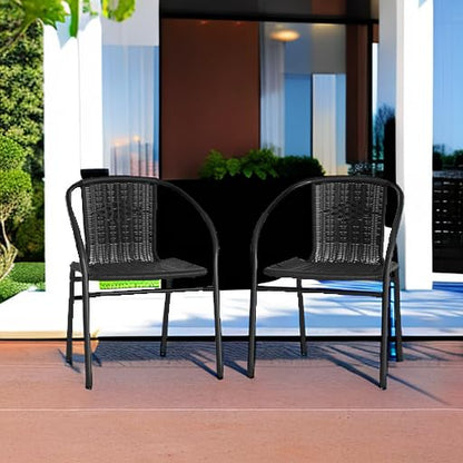 EMMA + OLIVER 2 Pack Black Rattan Indoor-Outdoor Restaurant Stack Chair with Curved Back - CookCave