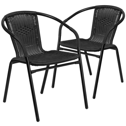 EMMA + OLIVER 2 Pack Black Rattan Indoor-Outdoor Restaurant Stack Chair with Curved Back - CookCave