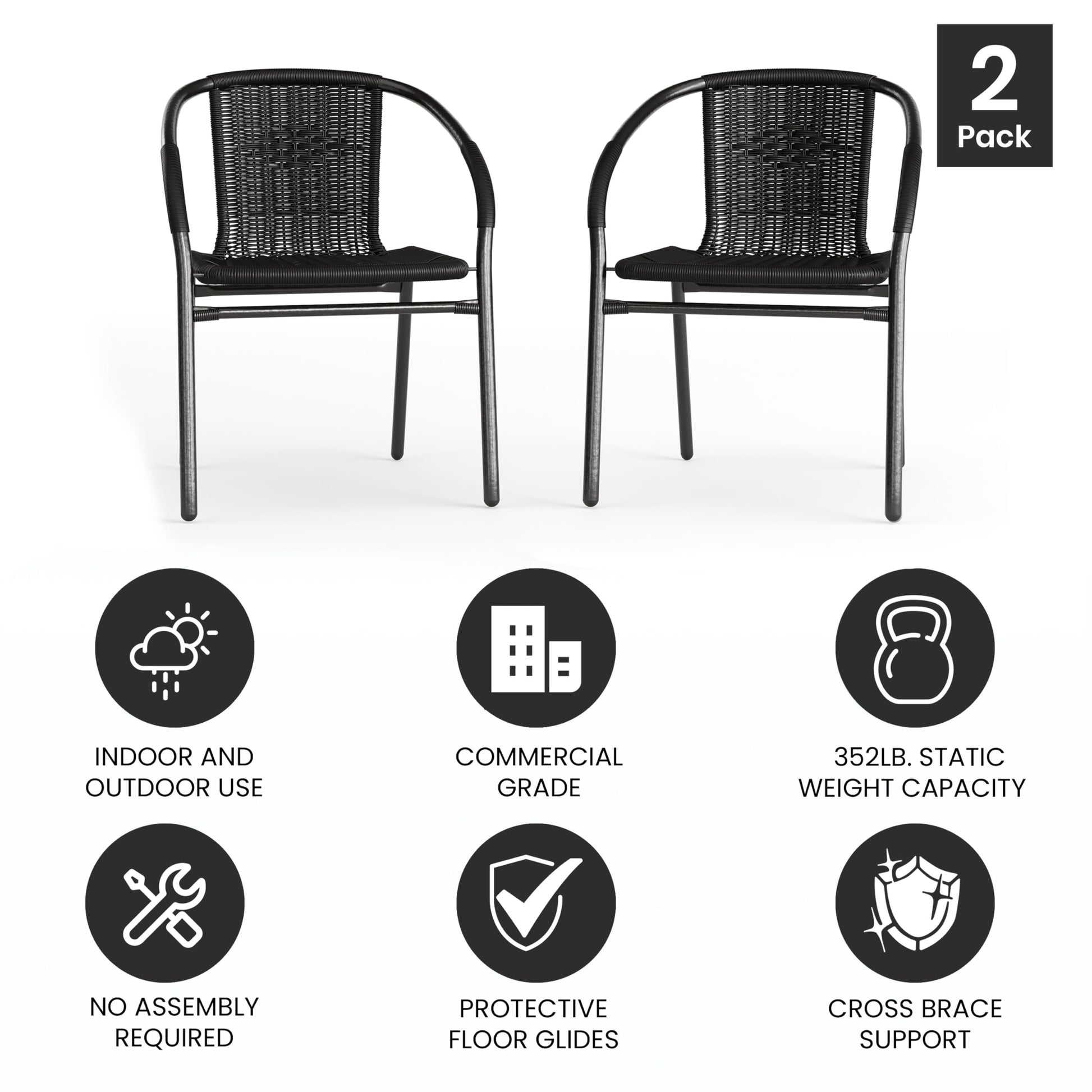 EMMA + OLIVER 2 Pack Black Rattan Indoor-Outdoor Restaurant Stack Chair with Curved Back - CookCave