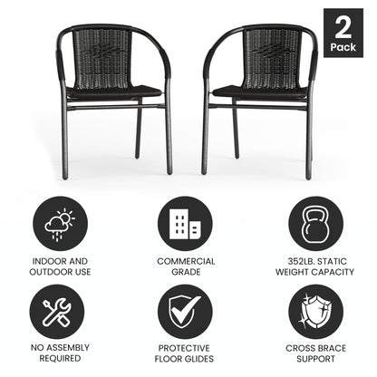 EMMA + OLIVER 2 Pack Black Rattan Indoor-Outdoor Restaurant Stack Chair with Curved Back - CookCave