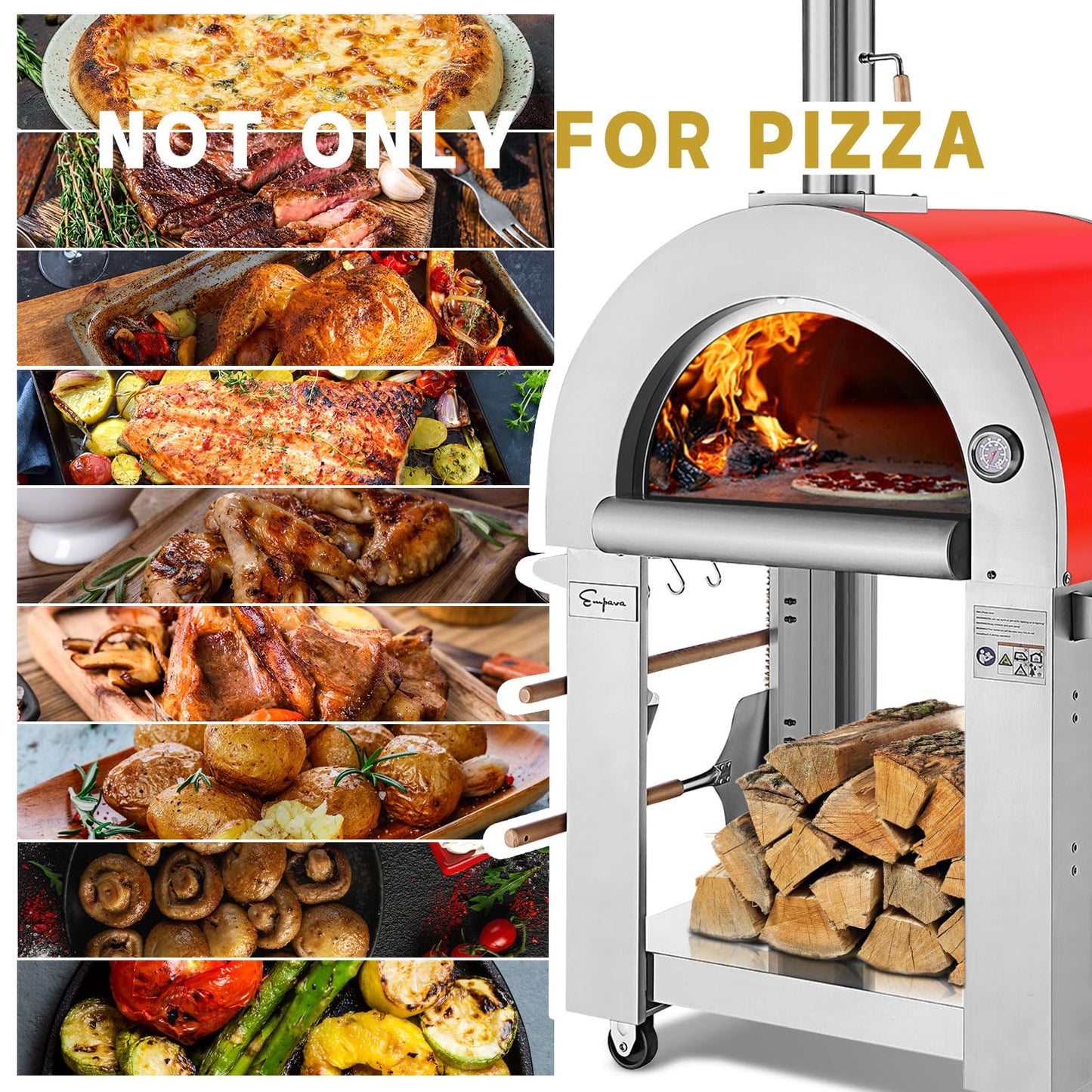 Empava Outdoor Pizza Oven with Open Shelf and Wheels Portable Wood Fired for Grill & Outside Camping Backyard Party in Stainless Steel, 38.6Inch, Italian Red - CookCave