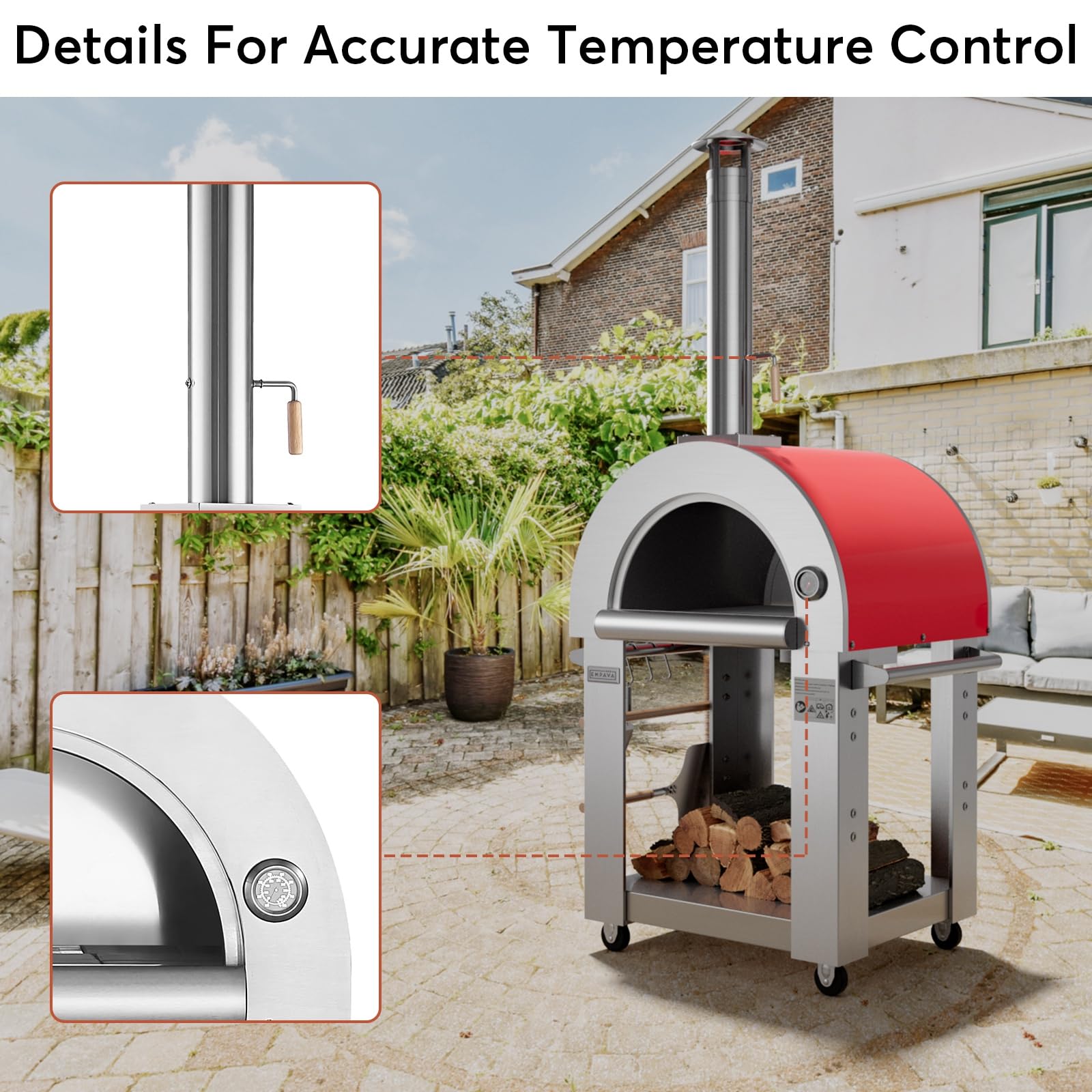 Empava Pizza Oven with Open Shelf and Wheels for Outdoor Kitchen, Wood Fire for Grill & Camping Backyard Party in Stainless Steel, 38.6 Inch, Italian Red - CookCave