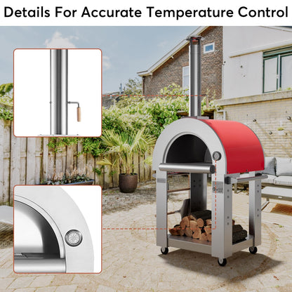 Empava Pizza Oven with Open Shelf and Wheels for Outdoor Kitchen, Wood Fire for Grill & Camping Backyard Party in Stainless Steel, 38.6 Inch, Italian Red - CookCave