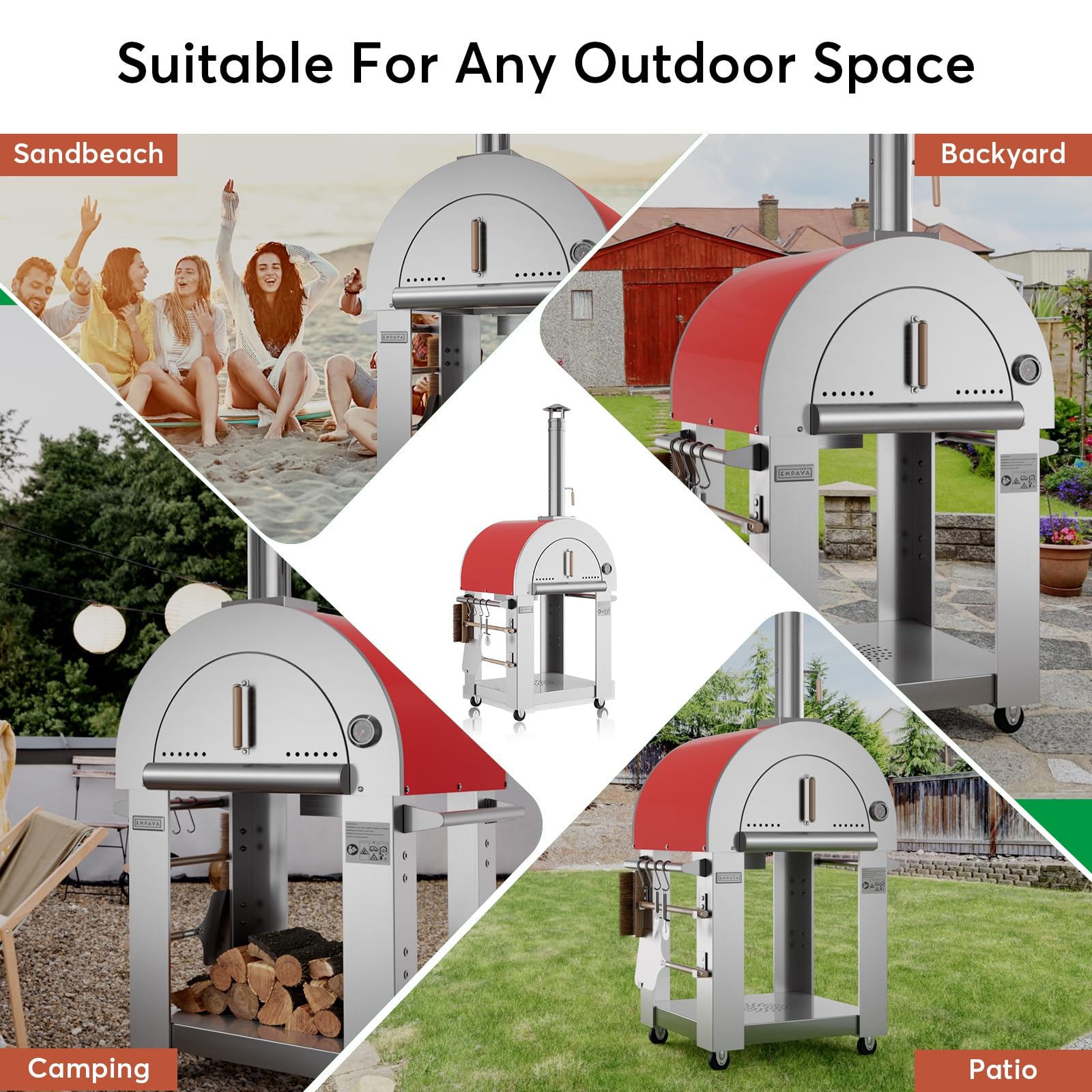 Empava Pizza Oven with Open Shelf and Wheels for Outdoor Kitchen, Wood Fire for Grill & Camping Backyard Party in Stainless Steel, 38.6 Inch, Italian Red - CookCave