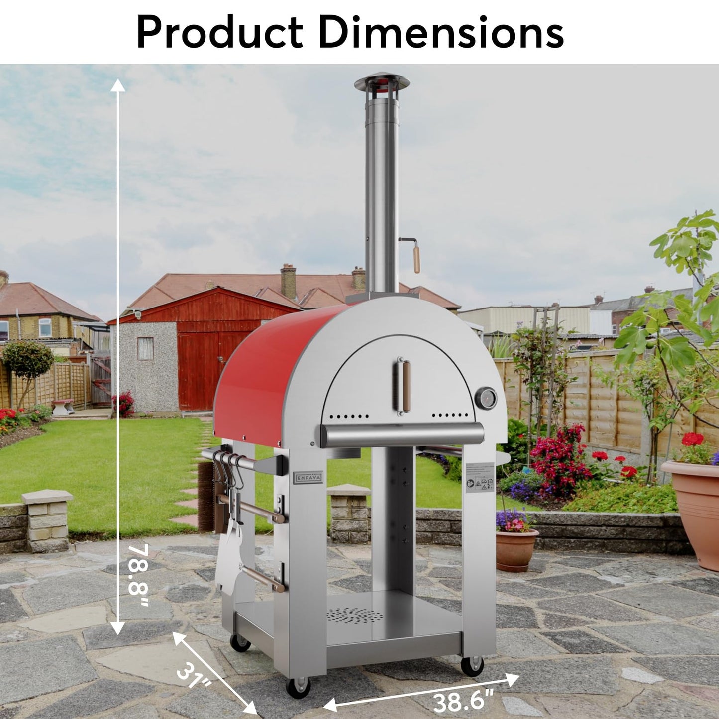 Empava Pizza Oven with Open Shelf and Wheels for Outdoor Kitchen, Wood Fire for Grill & Camping Backyard Party in Stainless Steel, 38.6 Inch, Italian Red - CookCave