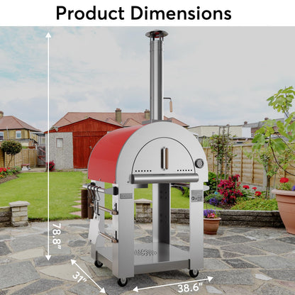 Empava Pizza Oven with Open Shelf and Wheels for Outdoor Kitchen, Wood Fire for Grill & Camping Backyard Party in Stainless Steel, 38.6 Inch, Italian Red - CookCave