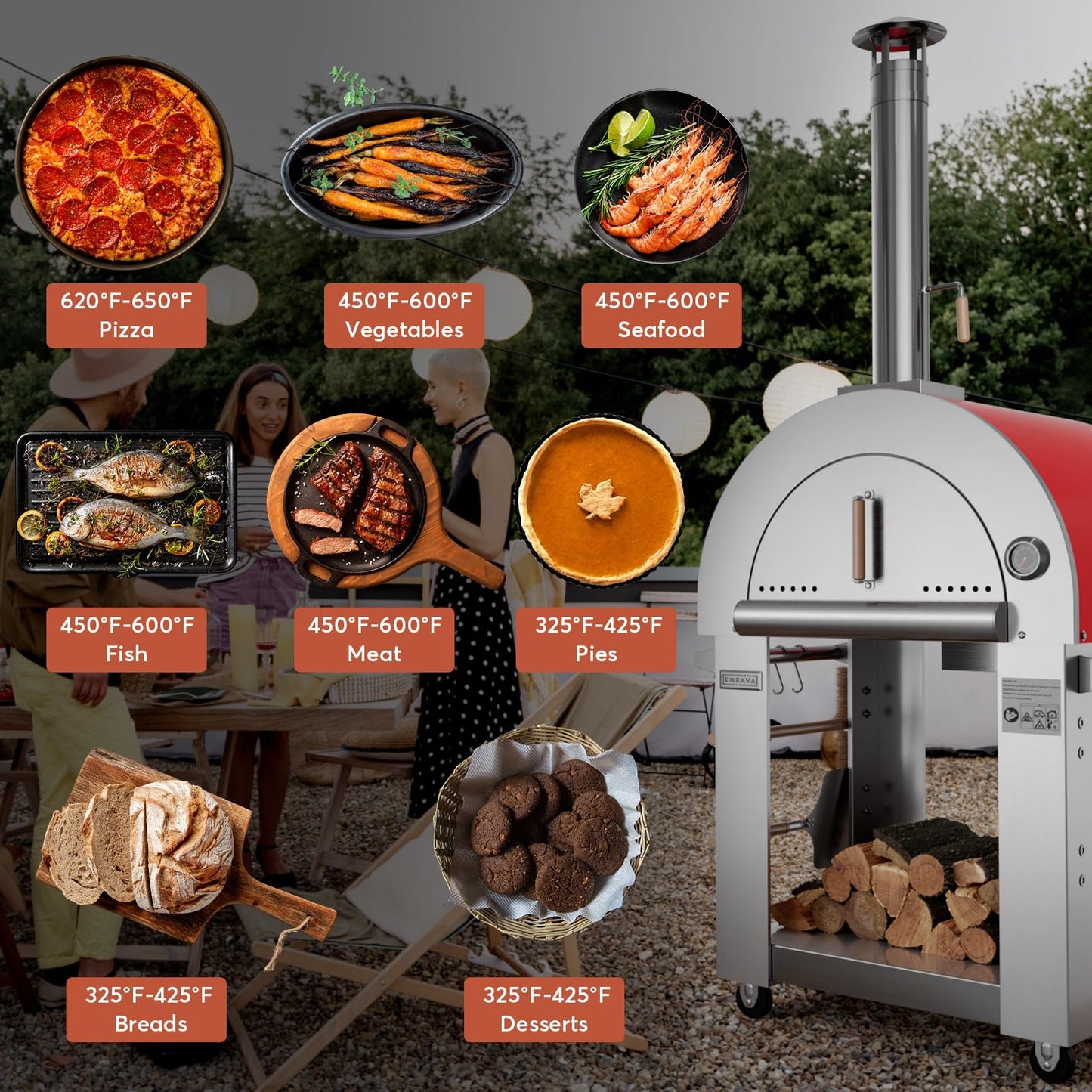 Empava Pizza Oven with Open Shelf and Wheels for Outdoor Kitchen, Wood Fire for Grill & Camping Backyard Party in Stainless Steel, 38.6 Inch, Italian Red - CookCave