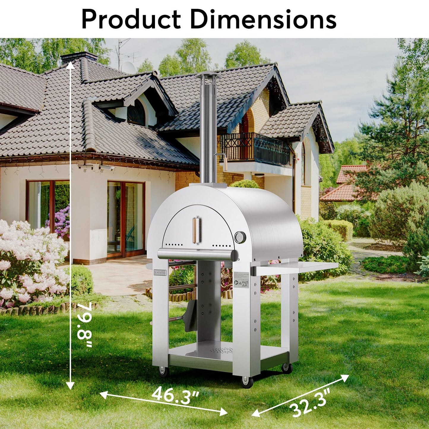 Empava Pizza Oven with Wheels and Side Panel for Outdoor Kitchen, Wood Fired for Grill & Outside Camping Backyard Party in Stainless Steel,Freestanding,46 Inch, Silver - CookCave