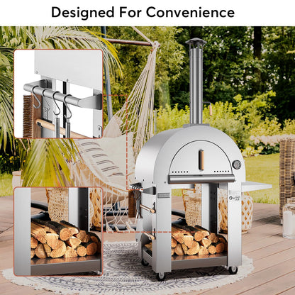 Empava Pizza Oven with Wheels and Side Panel for Outdoor Kitchen, Wood Fired for Grill & Outside Camping Backyard Party in Stainless Steel,Freestanding,46 Inch, Silver - CookCave