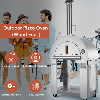 Empava Pizza Oven with Wheels and Side Panel for Outdoor Kitchen, Wood Fired for Grill & Outside Camping Backyard Party in Stainless Steel,Freestanding,46 Inch, Silver - CookCave