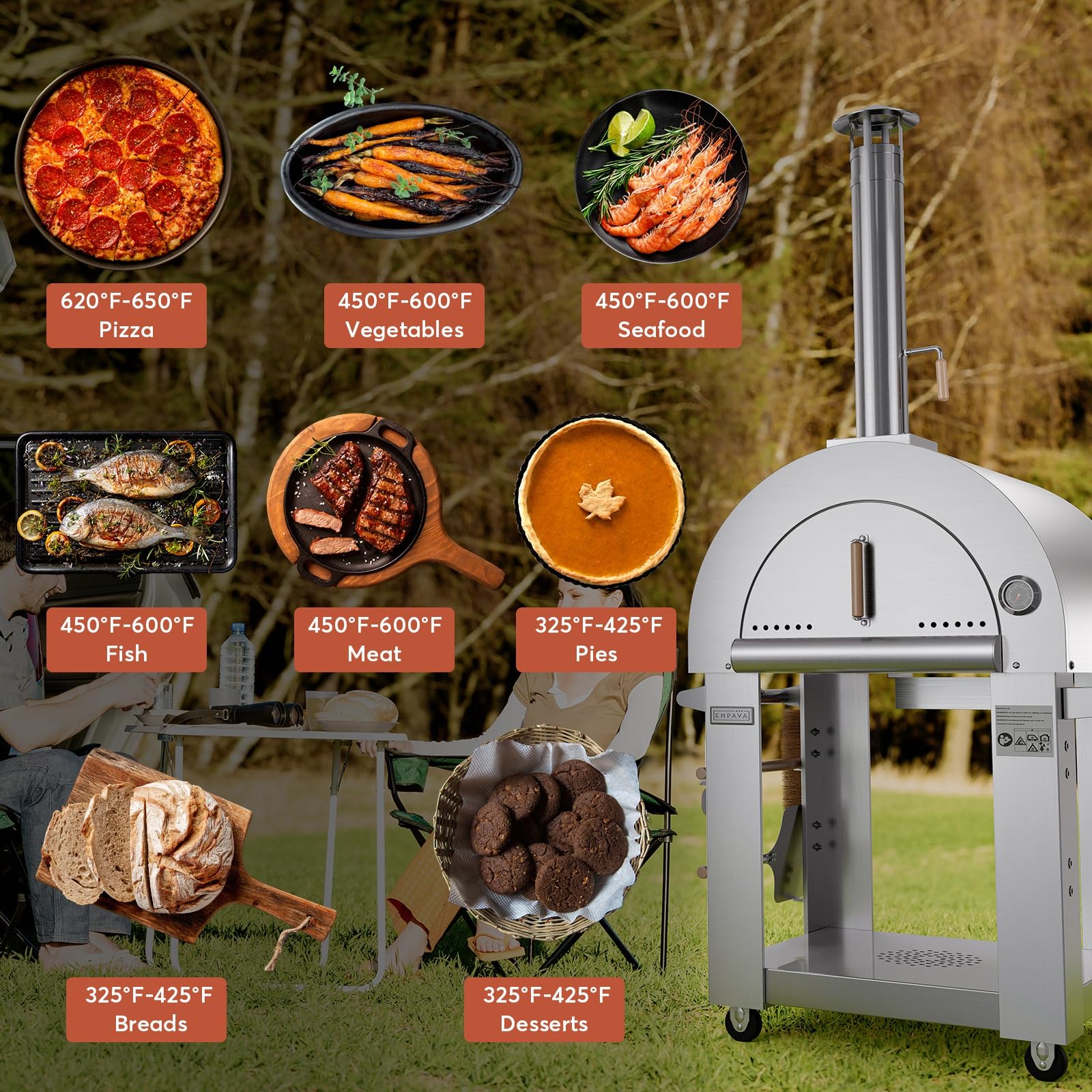 Empava Pizza Oven with Wheels and Side Panel for Outdoor Kitchen, Wood Fired for Grill & Outside Camping Backyard Party in Stainless Steel,Freestanding,46 Inch, Silver - CookCave