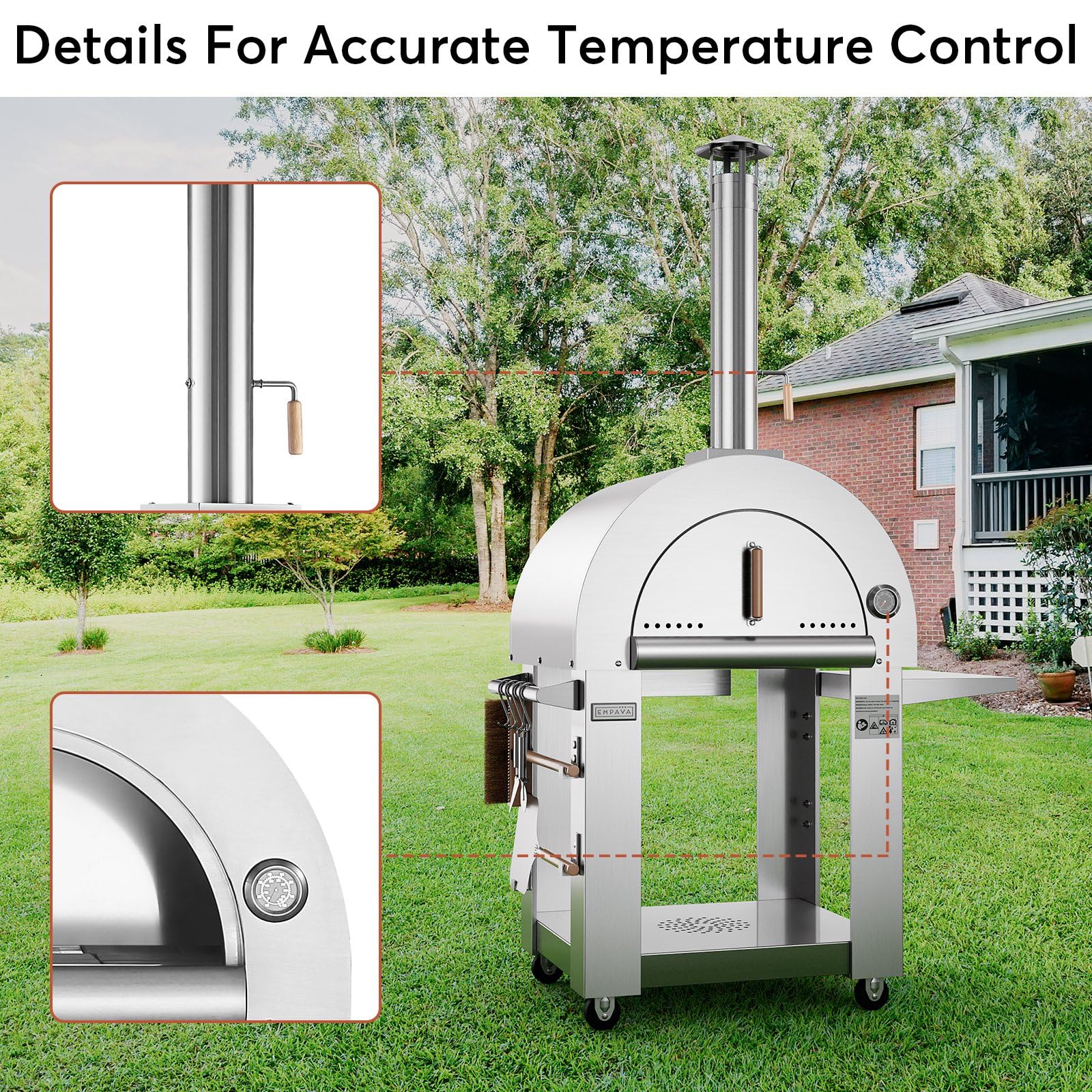 Empava Pizza Oven with Wheels and Side Panel for Outdoor Kitchen, Wood Fired for Grill & Outside Camping Backyard Party in Stainless Steel,Freestanding,46 Inch, Silver - CookCave