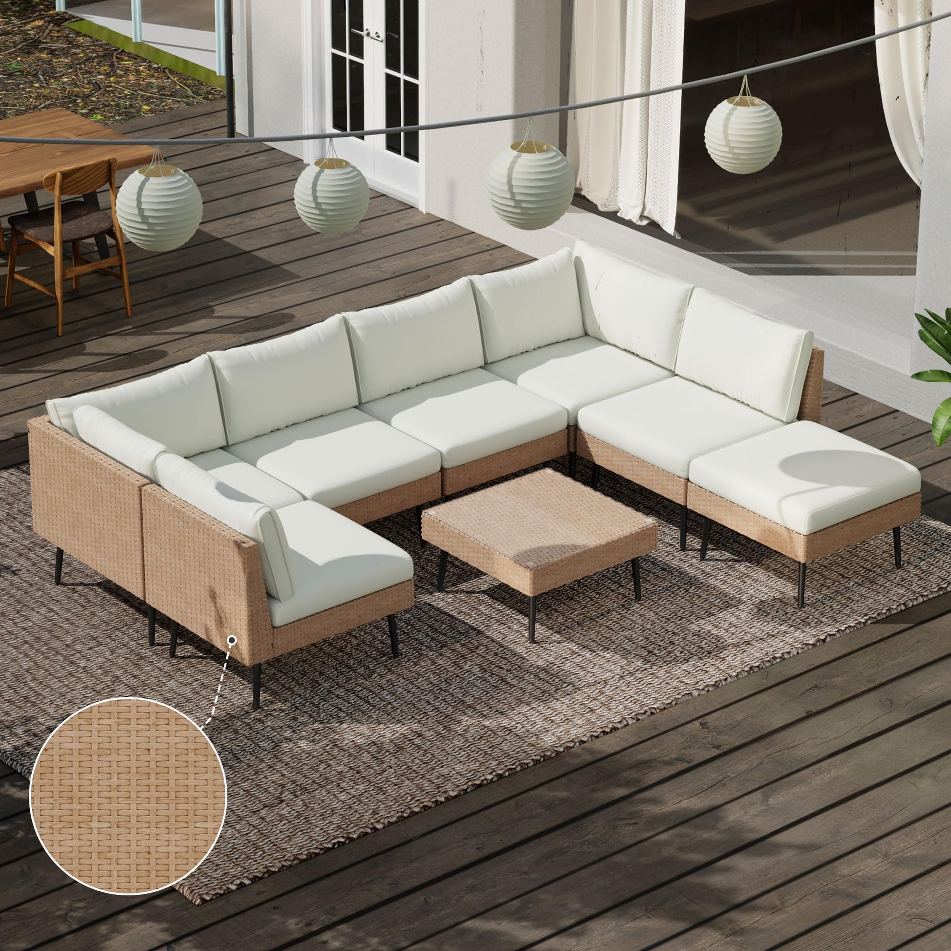 ENSTVER Outdoor Patio Sectional Furniture Set, 8 Piece Wicker Conversation Patio Furniture Wtih Extra Waterproof Cover and Thick Cushions for Garden, Backyard(Beige) - CookCave
