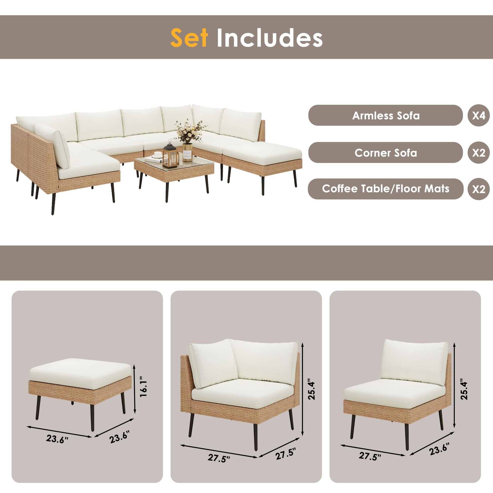 ENSTVER Outdoor Patio Sectional Furniture Set, 8 Piece Wicker Conversation Patio Furniture Wtih Extra Waterproof Cover and Thick Cushions for Garden, Backyard(Beige) - CookCave