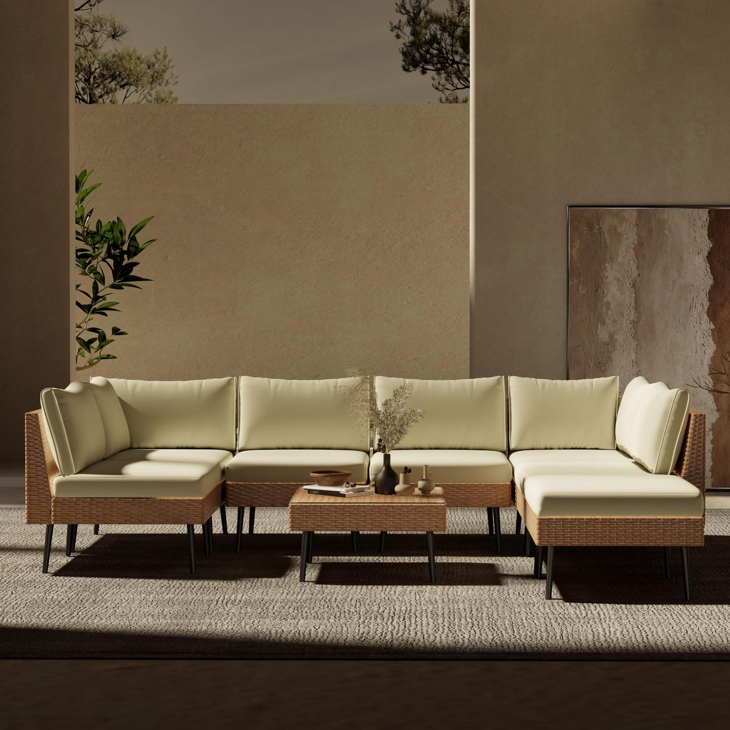 ENSTVER Outdoor Patio Sectional Furniture Set, 8 Piece Wicker Conversation Patio Furniture Wtih Extra Waterproof Cover and Thick Cushions for Garden, Backyard(Beige) - CookCave