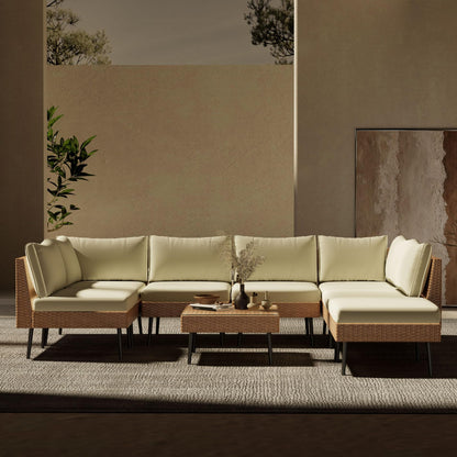 ENSTVER Outdoor Patio Sectional Furniture Set, 8 Piece Wicker Conversation Patio Furniture Wtih Extra Waterproof Cover and Thick Cushions for Garden, Backyard(Beige) - CookCave