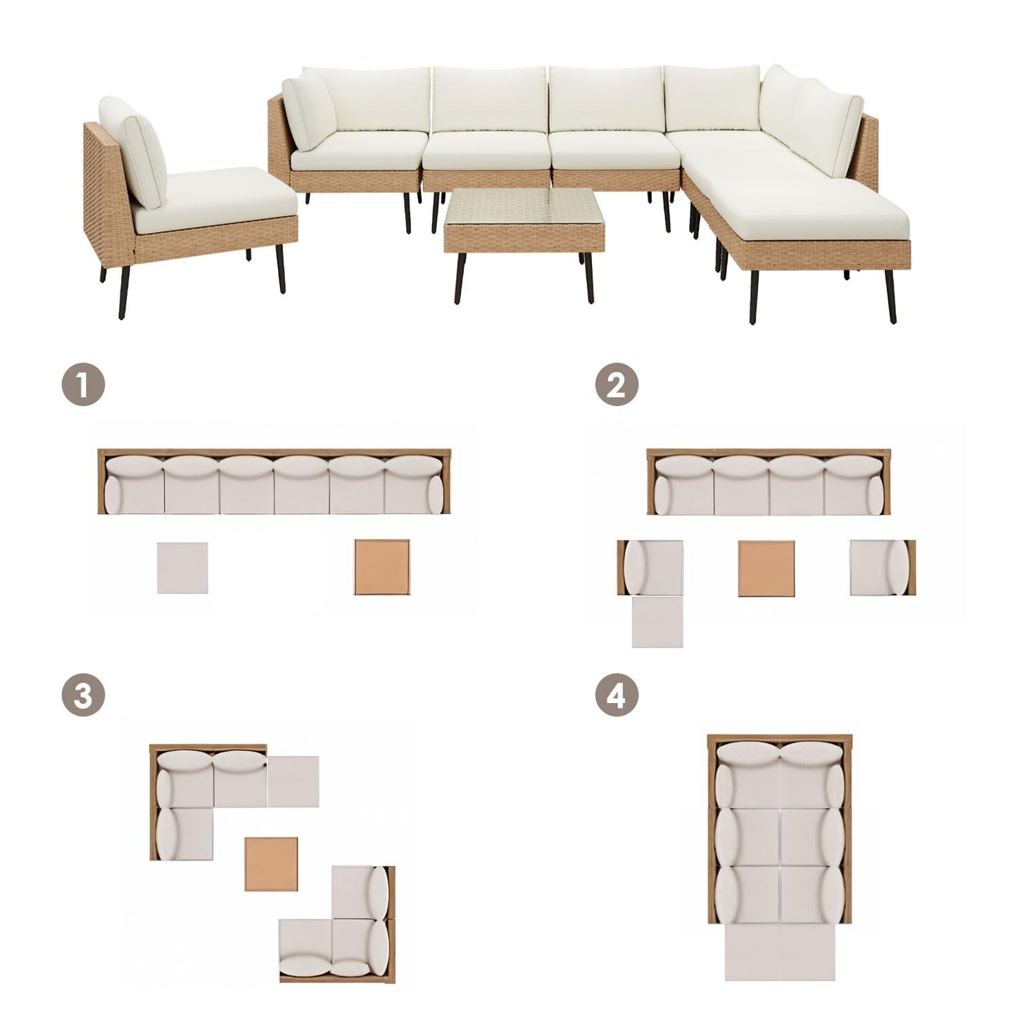 ENSTVER Outdoor Patio Sectional Furniture Set, 8 Piece Wicker Conversation Patio Furniture Wtih Extra Waterproof Cover and Thick Cushions for Garden, Backyard(Beige) - CookCave