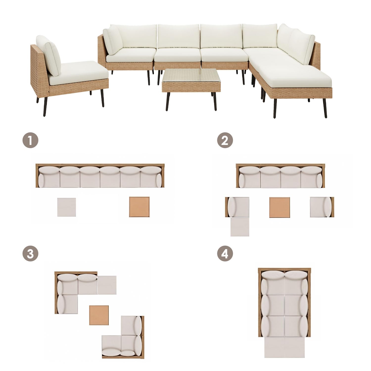 ENSTVER Outdoor Patio Sectional Furniture Set, 8 Piece Wicker Conversation Patio Furniture Wtih Extra Waterproof Cover and Thick Cushions for Garden, Backyard(Beige) - CookCave