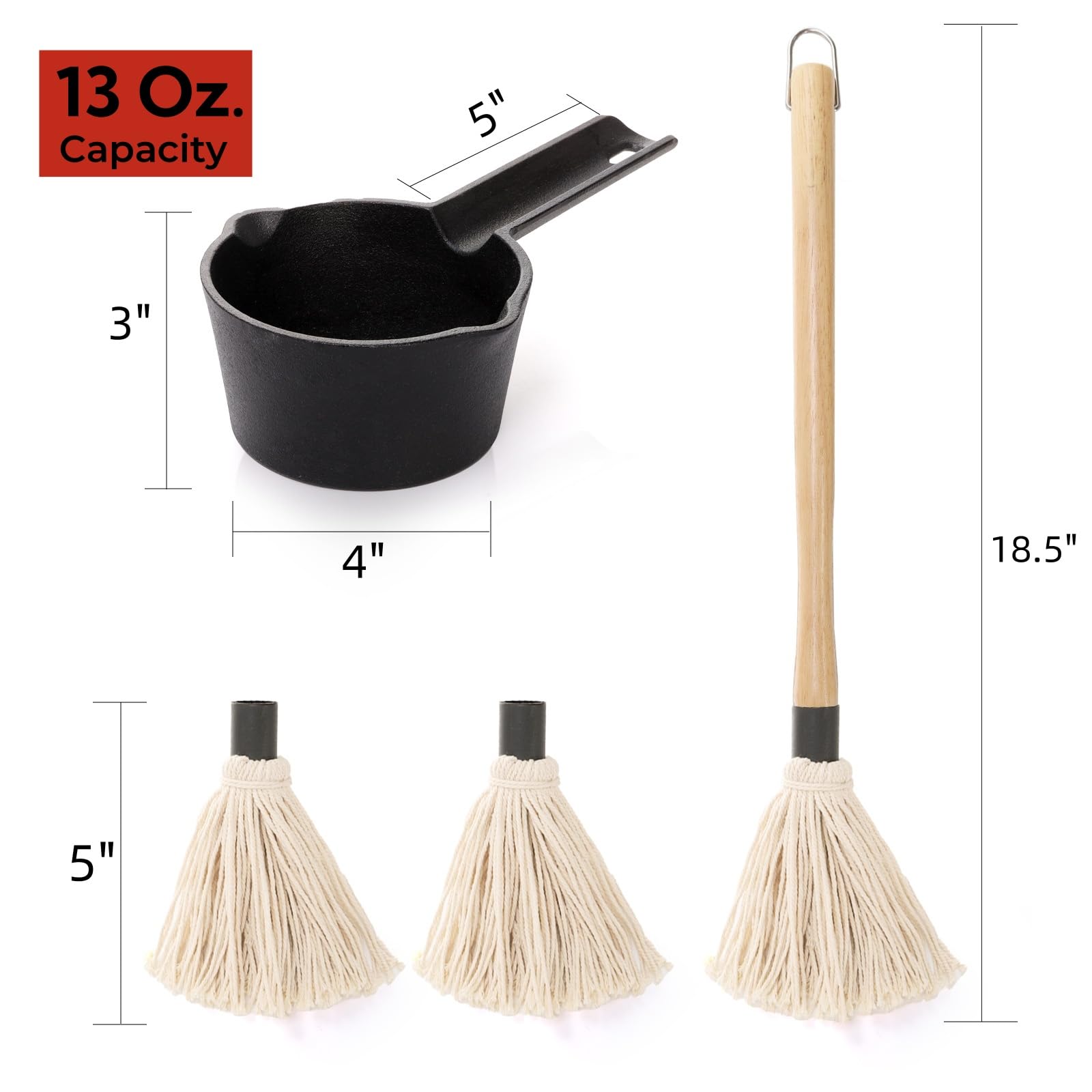 Eorbow Cast Iron Sauce Pot and BBQ Mop Brush Set for Grilling, 4 Pcs Barbecue Accessories Include Basting Melting Saucepan, Wooden Sauce Mop with 2 Replacements for Meat Smoker, Grill, Stove - CookCave
