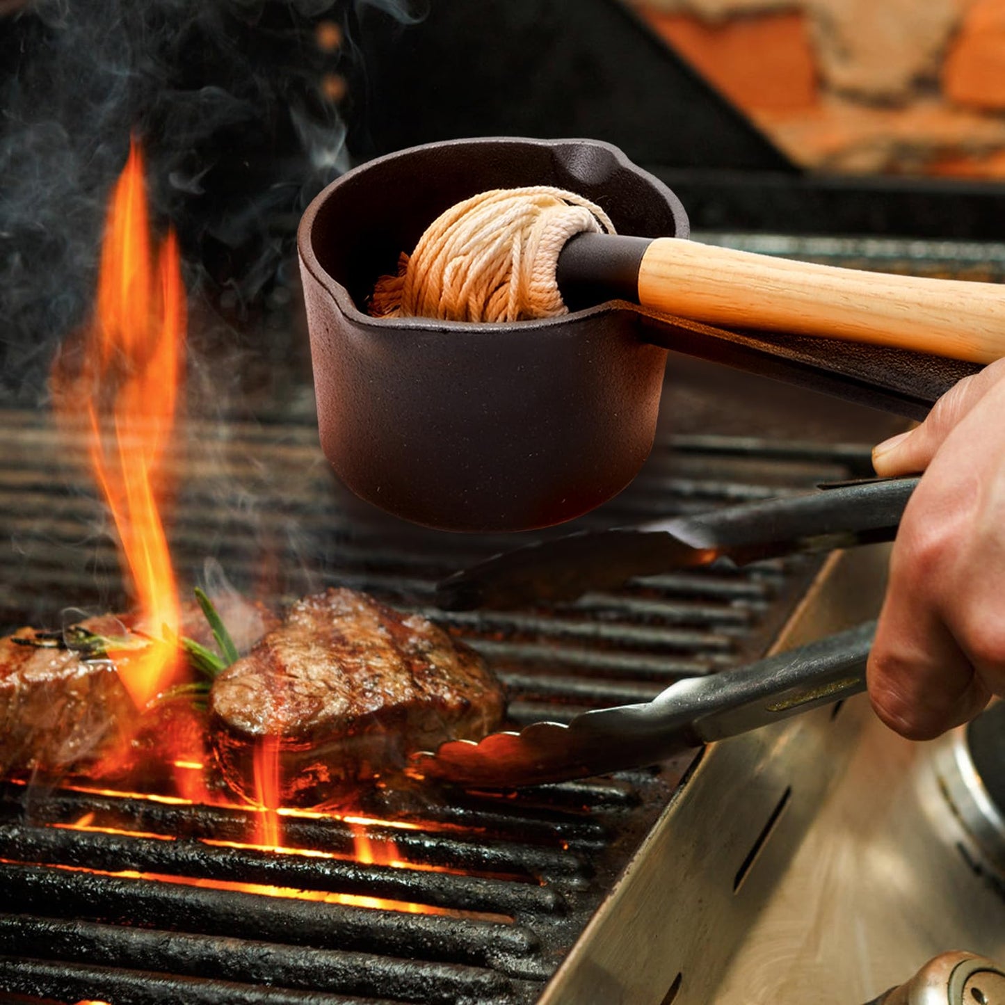 Eorbow Cast Iron Sauce Pot and BBQ Mop Brush Set for Grilling, 4 Pcs Barbecue Accessories Include Basting Melting Saucepan, Wooden Sauce Mop with 2 Replacements for Meat Smoker, Grill, Stove - CookCave