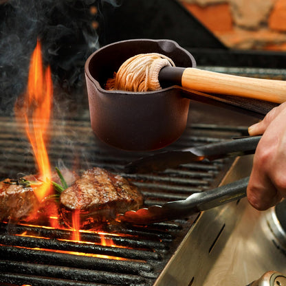 Eorbow Cast Iron Sauce Pot and BBQ Mop Brush Set for Grilling, 4 Pcs Barbecue Accessories Include Basting Melting Saucepan, Wooden Sauce Mop with 2 Replacements for Meat Smoker, Grill, Stove - CookCave