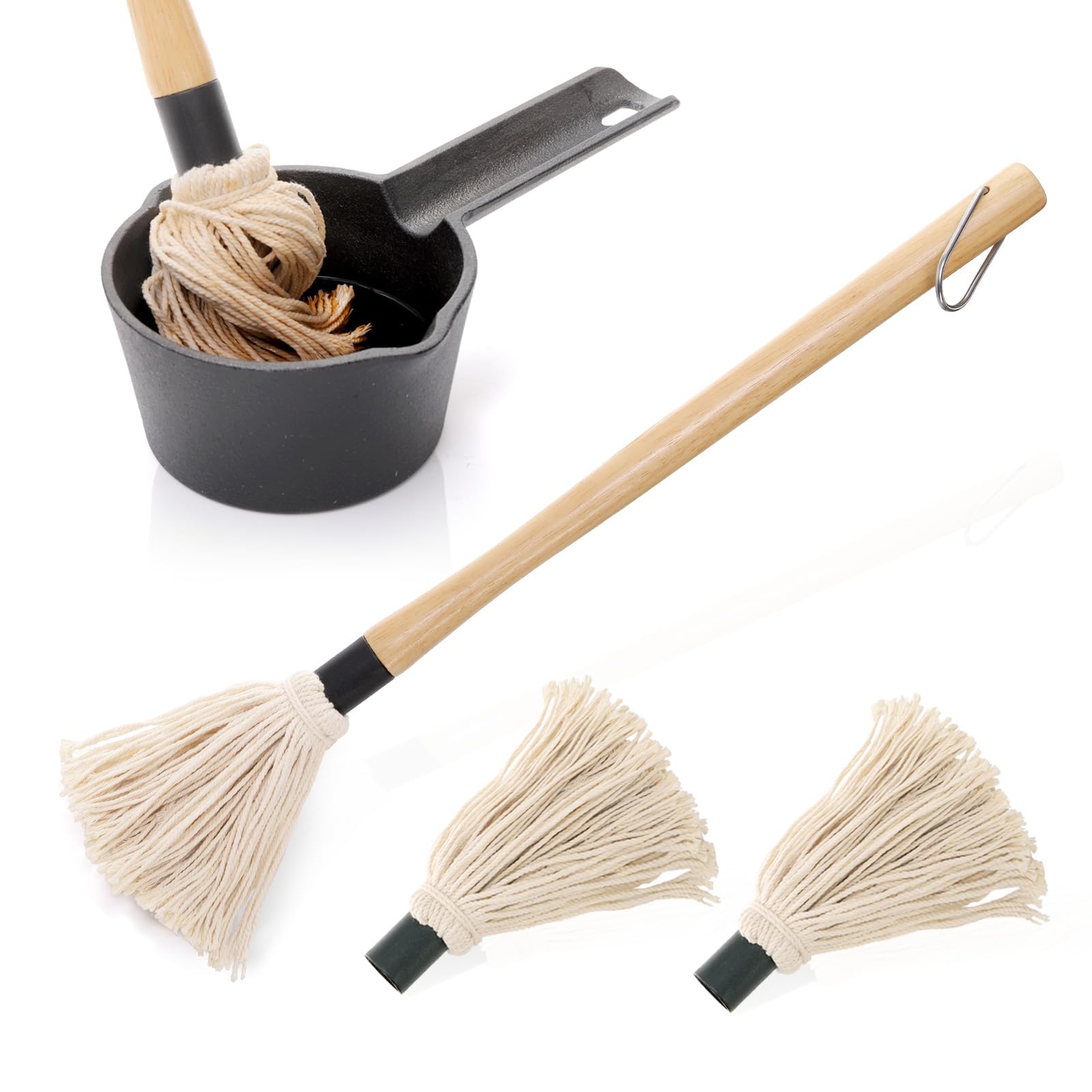 Eorbow Cast Iron Sauce Pot and BBQ Mop Brush Set for Grilling, 4 Pcs Barbecue Accessories Include Basting Melting Saucepan, Wooden Sauce Mop with 2 Replacements for Meat Smoker, Grill, Stove - CookCave