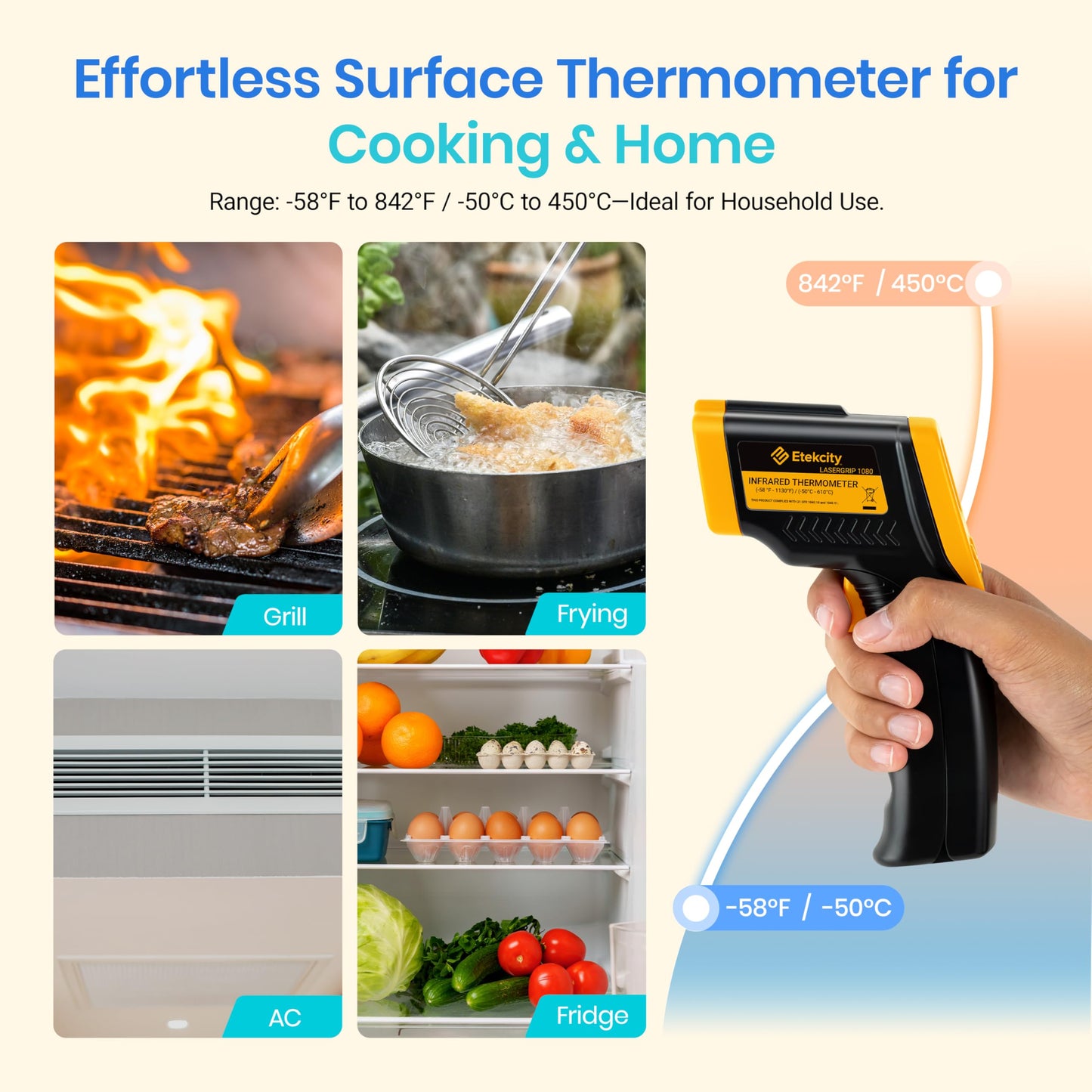 Etekcity Infrared Thermometer Laser Temperature Gun 774, Meat Food Candy Oven Thermometer for Griddle Accessories, Heat Gun for Cooking Refrigerator Tools, Yellow - CookCave