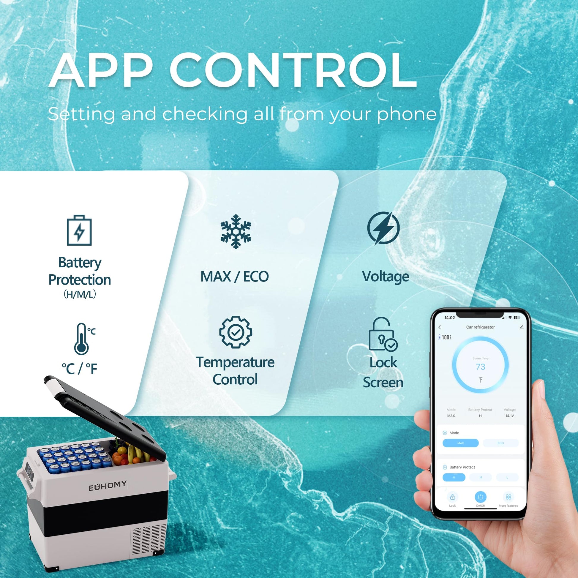 EUHOMY 12 Volt Refrigerator, 59QT(55L) Electric Cooler, 12V Fridge APP Control, 12V Cooler -4℉~68℉, Portable Freezer 12/24V DC 110-240V AC for Camping, Travel, Truck, Home - CookCave