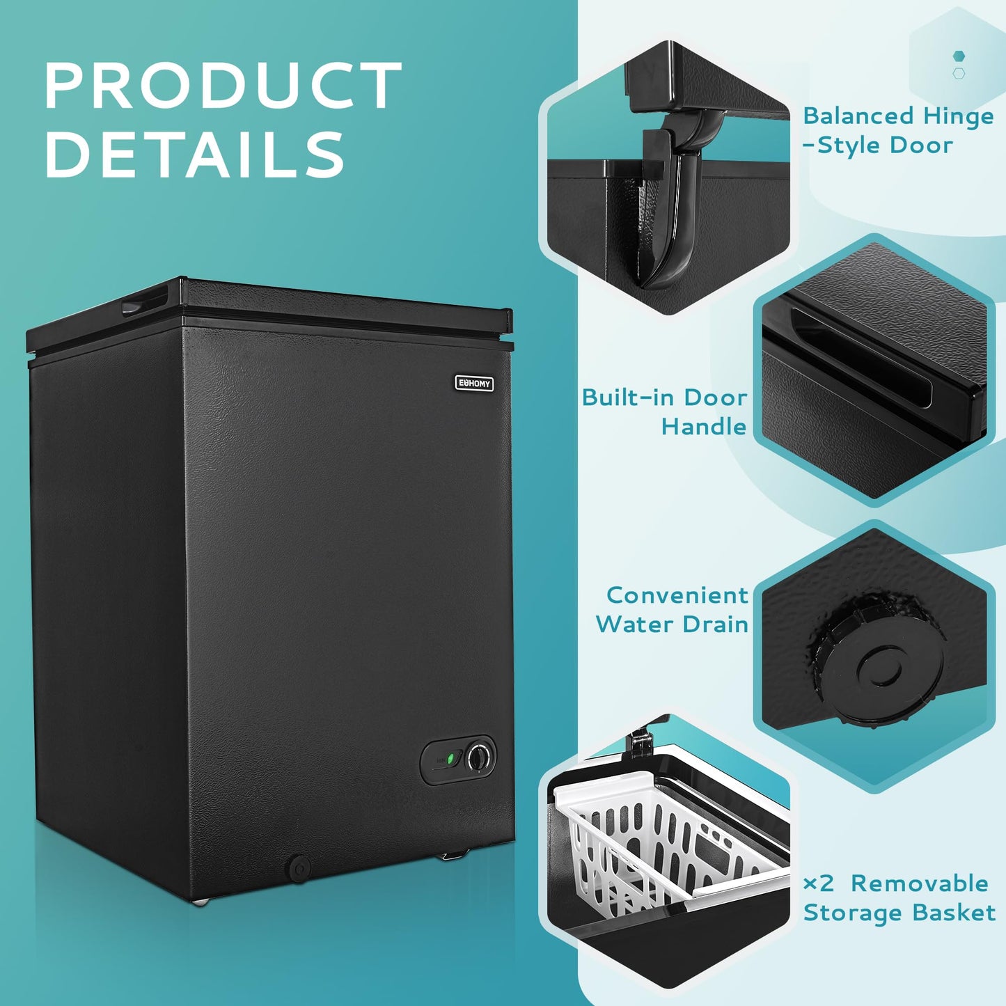 EUHOMY 3.5 Cu.Ft Chest Freezer with Removable Basket, Small Deep Freezer Adjustable 7 Thermostat, Quiet Mini Freezer Free-Standing Top Door, Energy Saving for Apartment/Garage/Basement/Dorm/Home,Black - CookCave