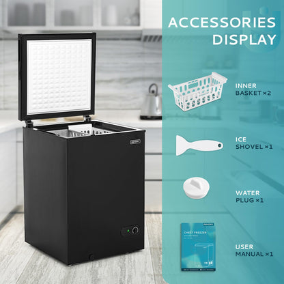 EUHOMY 3.5 Cu.Ft Chest Freezer with Removable Basket, Small Deep Freezer Adjustable 7 Thermostat, Quiet Mini Freezer Free-Standing Top Door, Energy Saving for Apartment/Garage/Basement/Dorm/Home,Black - CookCave