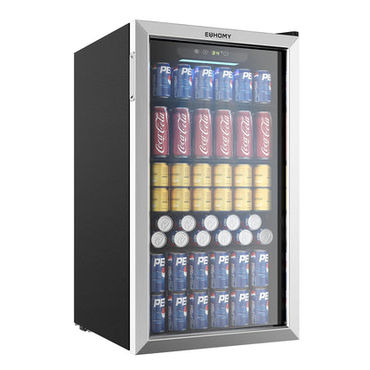 EUHOMY Beverage Refrigerator Cooler, 130 Can Mini Fridge with Glass Door for Soda Beer or Wine, Beverage Cooler for Home, Office, Bar with Adjustable Removable Shelves, Silver - CookCave