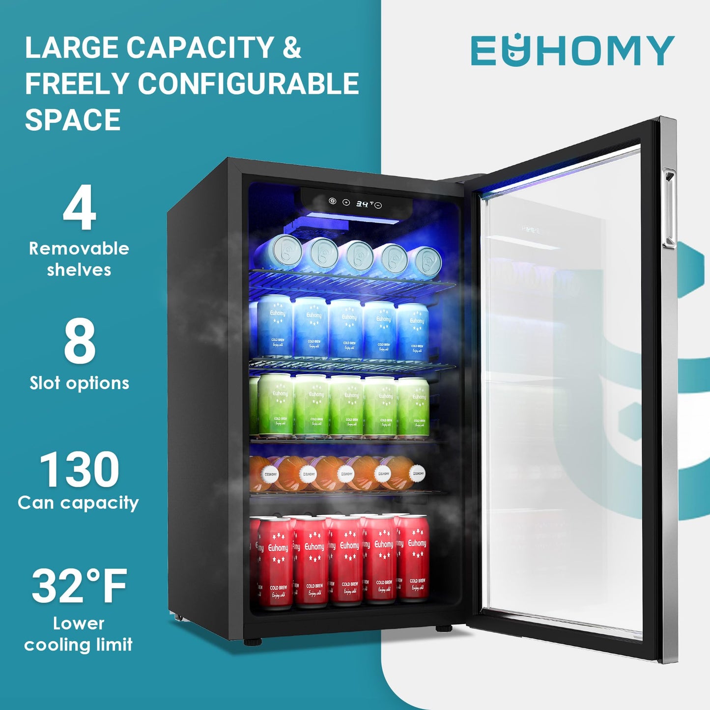 EUHOMY Beverage Refrigerator Cooler, 130 Can Mini Fridge with Glass Door for Soda Beer or Wine, Beverage Cooler for Home, Office, Bar with Adjustable Removable Shelves, Silver - CookCave