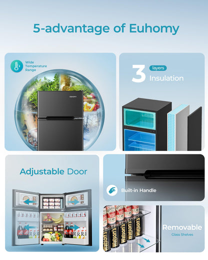 EUHOMY Mini Fridge with Freezer, 3.2 Cu.Ft Mini Refrigerator, Dorm Fridge with 2 Door For Bedroom/Apartment/Office-Food Storage Cooling Drink, Black - CookCave
